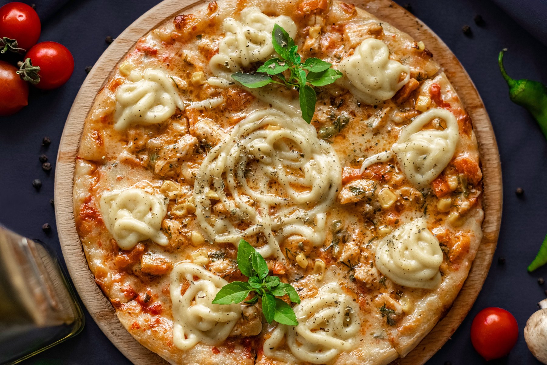 Illustrative cheese pizza with fresh basil